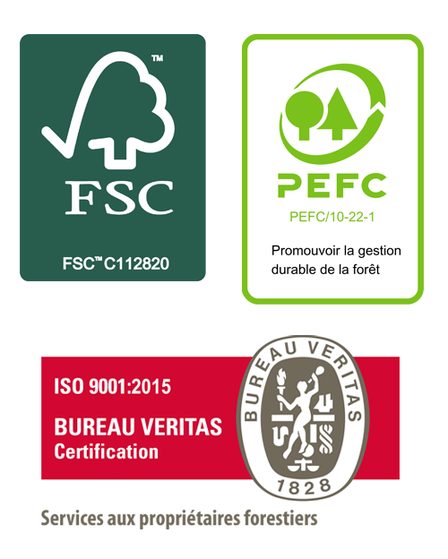Nos certifications : FSC, PEFC, ISO 9001:2015 Bureau Veritas